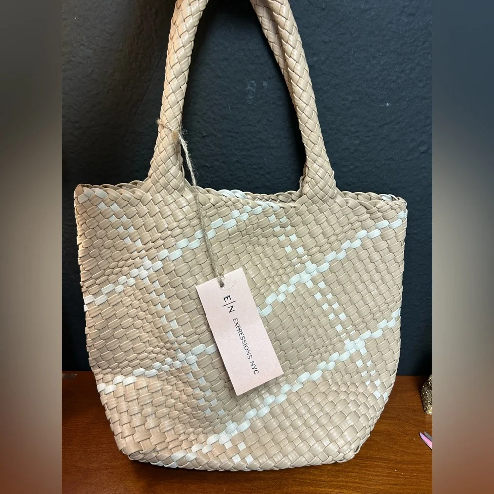 E/N Expressions NYC Vegan‎ Leather Woven Shoulder Tote Bag Beige and cream NWT